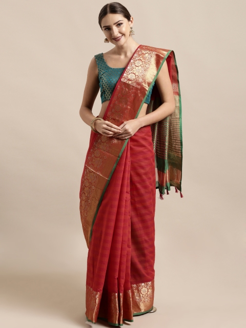 

Mitera Red & Orange Silk Cotton Striped Chanderi Saree