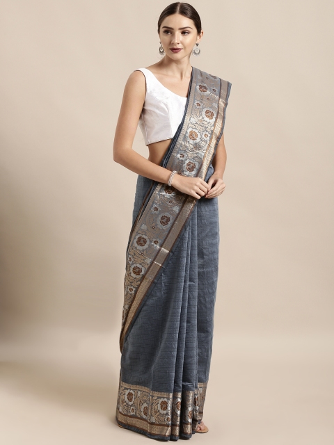 

Mitera Grey Silk Cotton Striped Kanjeevaram Saree