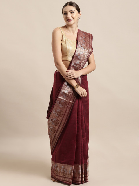 

Mitera Burgundy Silk Cotton Woven Design Kanjeevaram Saree