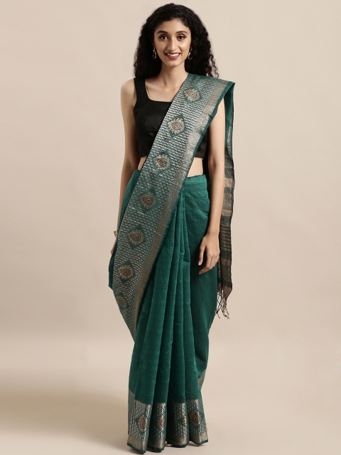 

Mitera Teal Green & Black Silk Cotton Striped Kanjeevaram Saree