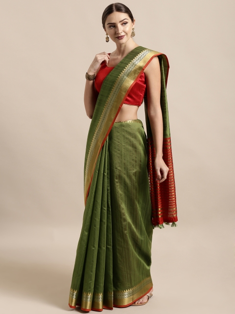 

Mitera Olive Green Silk Blend Solid Chanderi Saree