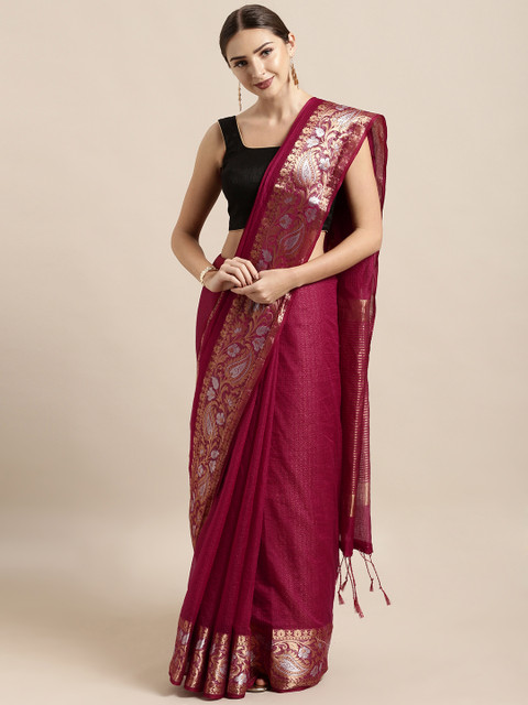 

Mitera Magenta Silk Cotton Woven Design Kanjeevaram Saree