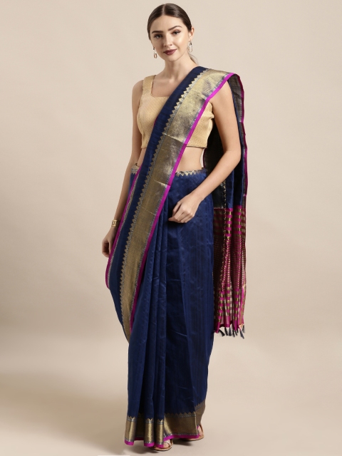 

Mitera Navy Blue & Pink Silk Blend Striped Chanderi Saree