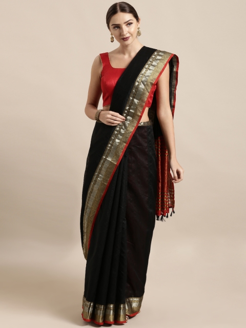 

Mitera Black & Beige Silk Blend Solid Chanderi Saree
