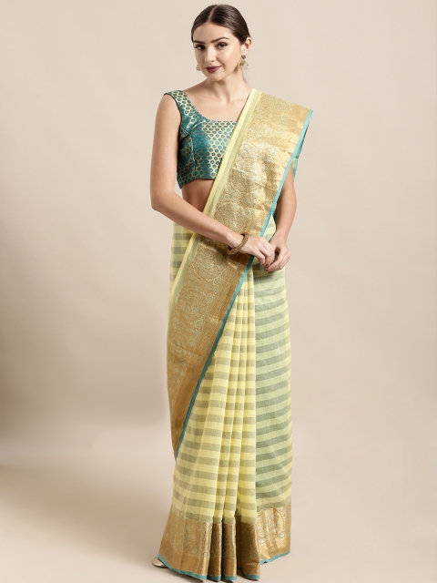 

Mitera Yellow & Grey Silk Cotton Striped Chanderi Saree