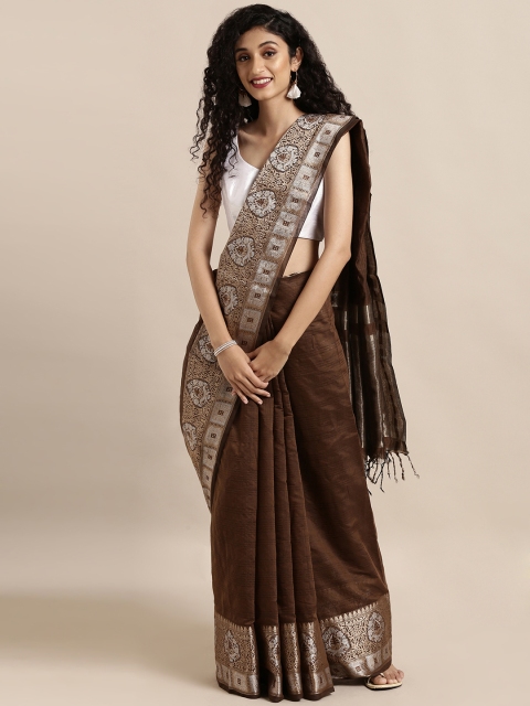 

Mitera Brown & Black Silk Cotton Woven Design Kanjeevaram Saree