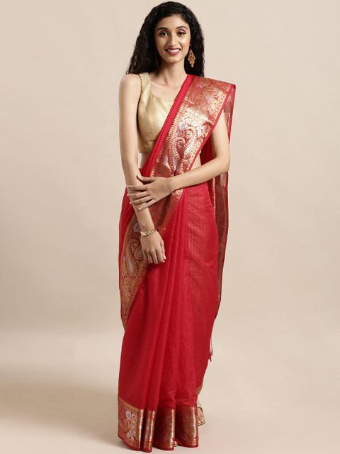 

Mitera Red Silk Cotton Checked Kanjeevaram Saree