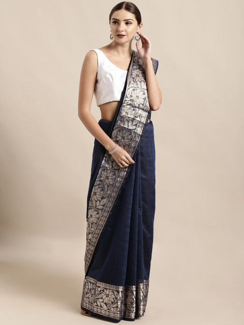 

Mitera Navy Blue Silk Cotton Woven Design Kanjeevaram Saree