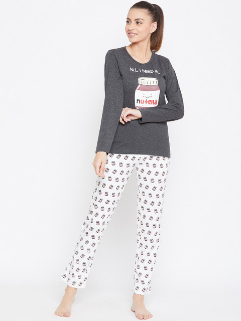 

Nite Flite Women Charcoal Grey & White Printed Night suit