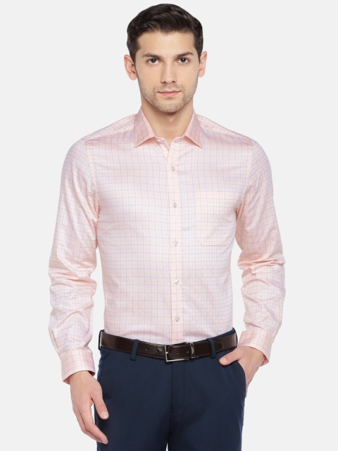 

Turtle Men Peach-Coloured & Blue Slim Fit Checked Formal Shirt