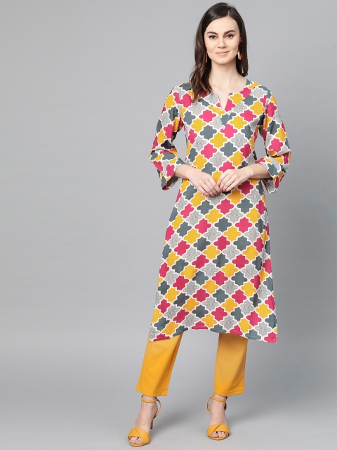 

Popnetic Women Pink & Yellow Printed Straight Kurta