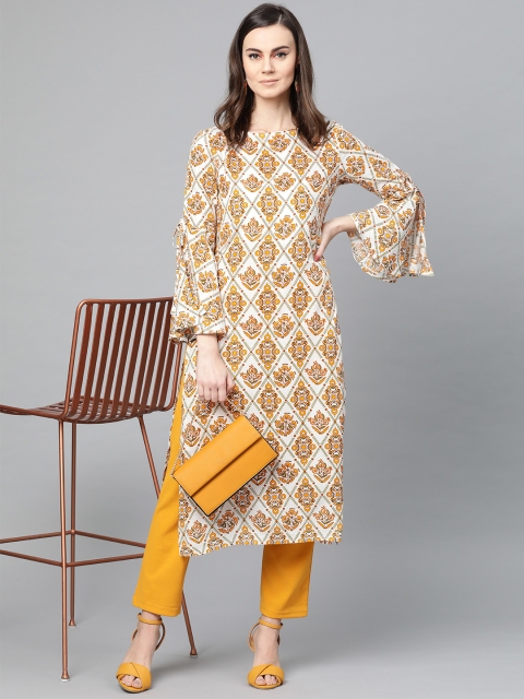 

Popnetic Women White & Mustard Yellow Block Printed Straight Kurta