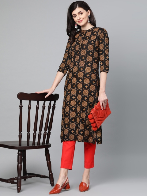 

Popnetic Women Black & Rust Orange Block Printed Straight Kurta