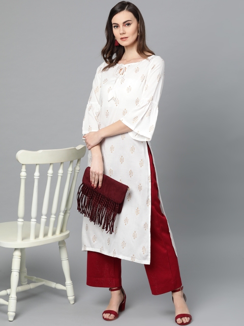

Popnetic Women White & Golden Foil Printed Straight Kurta