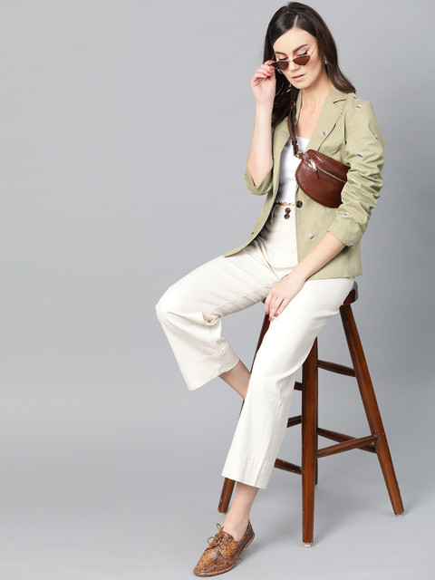 

Popnetic Women Olive Green & Off-White Printed Single Breasted Casual Blazer