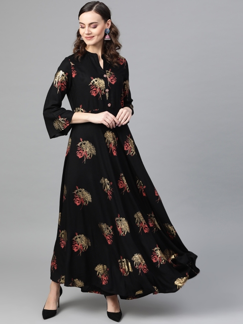 

Inddus Women Black & Golden Printed Maxi Dress