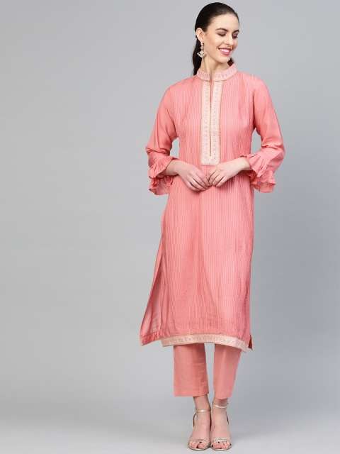 

Inddus Women Pink Solid Pleated Kurta with Trousers
