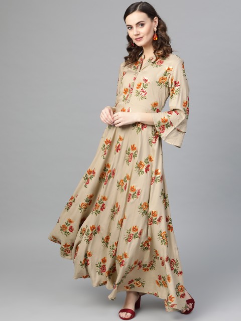 

Inddus Women Beige & Red Floral Printed Maxi Dress