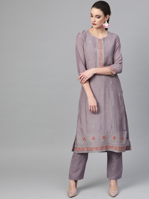 

Inddus Women Lavender Embroidered Kurta with Trousers