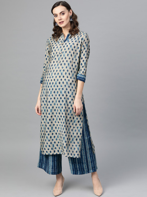 

Inddus Women Blue & Grey Printed Kurta with Palazzos