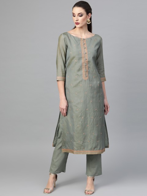 

Inddus Women Green Embroidered Kurta with Trousers