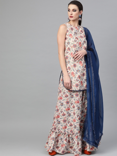 

Inddus Women Off-White & Navy Blue Printed Kurta with Sharara & Dupatta