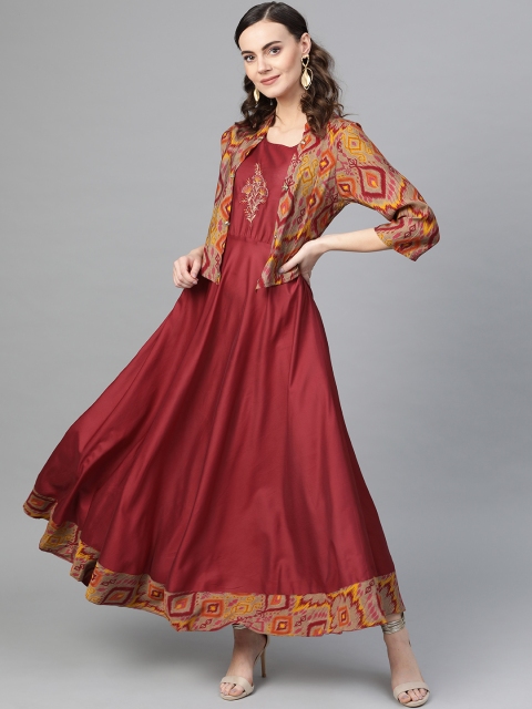 

Inddus Women Maroon Solid Layered Maxi Dress