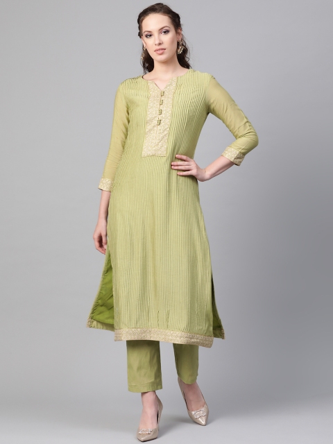 

Inddus Women Green Pleated Kurta with Trousers