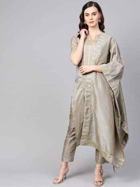 

Inddus Women Grey & Golden Striped Kurta with Trousers & Dupatta