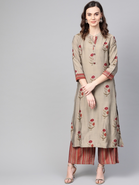 

Inddus Women Grey & Maroon Printed Kurta with Palazzos
