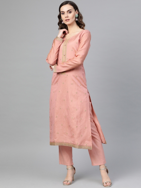

Inddus Women Pink Embroidered Kurta with Trousers