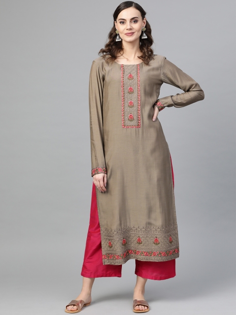 

Inddus Women Taupe Yoke Design Straight Kurta