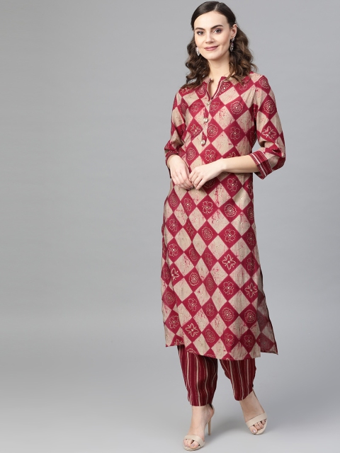 

Inddus Women Maroon & Beige Foil Print Kurta with Palazzos