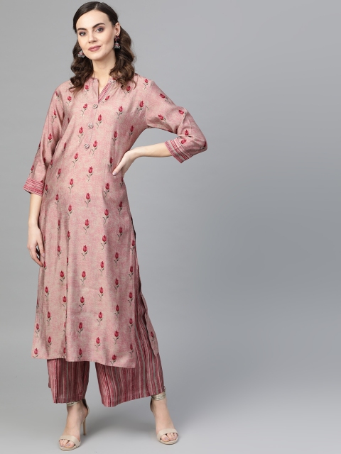 

Inddus Women Pink & Grey Foil Print Kurta with Palazzos
