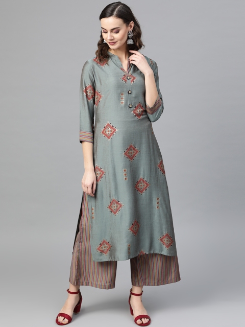 

Inddus Women Green & Red Foil Printed Kurta with Palazzos