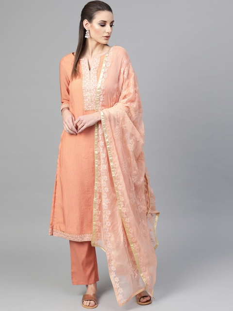 

Inddus Women Peach-Coloured Yoke Design Kurta with Trousers & Dupatta