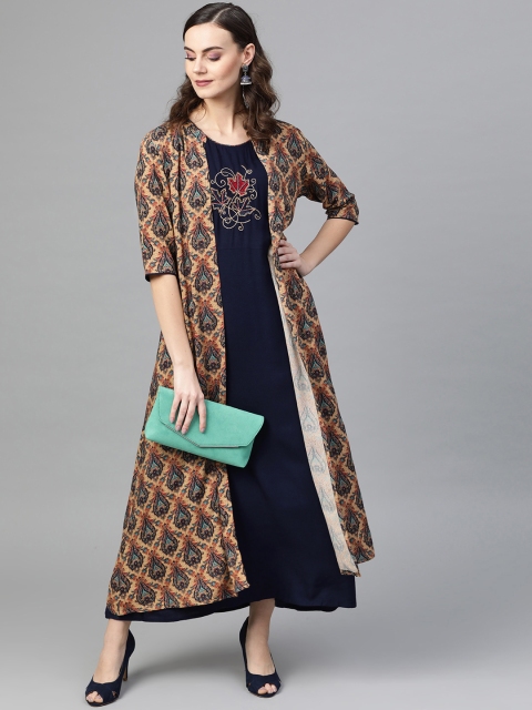 

Inddus Women Navy Blue Embroidered Detail Maxi Dress With Ethnic Jacket