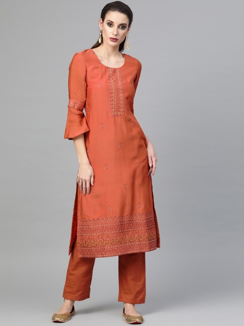 

Inddus Women Rust Orange Embroidered Kurta with Trousers