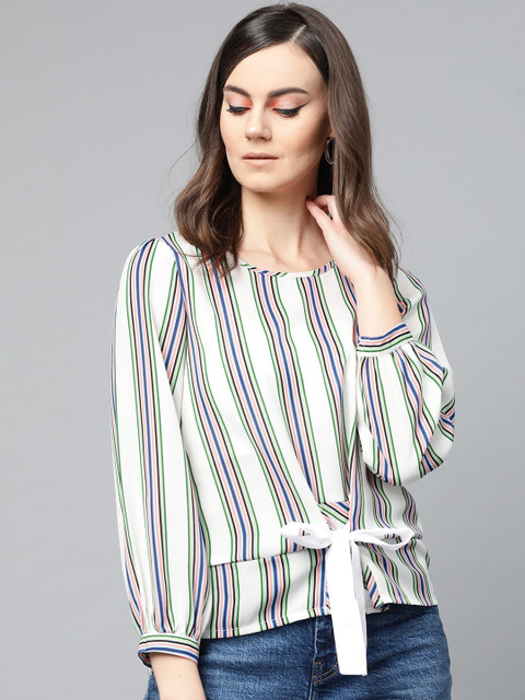 

Popnetic Women White & Green Striped High-Low Top