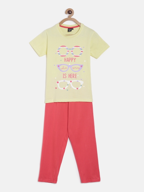 

Todd N Teen Girls Yellow & Coral Pink Printed T-shirt with Pyjamas
