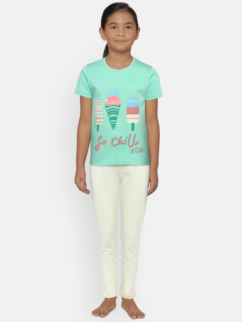

Todd N Teen Girls Green & Cream-Coloured Printed T-shirt with Pyjamas