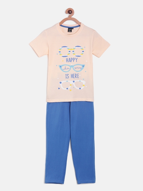 

Todd N Teen Girls Peach-Coloured & Blue Printed T-shirt with Pyjamas