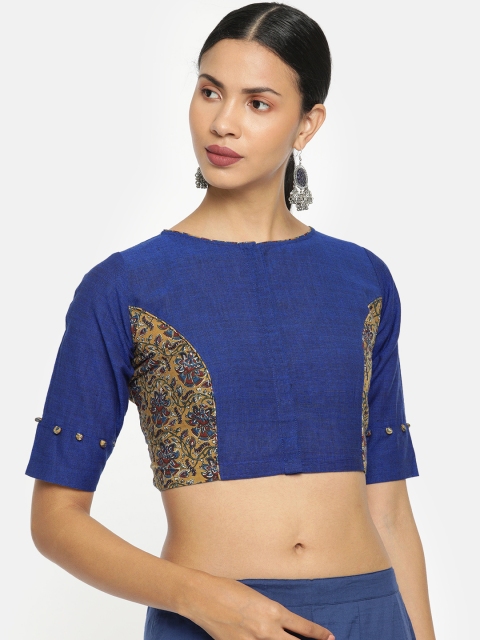 

tantkatha Women Navy Blue & Green Printed Saree Blouse