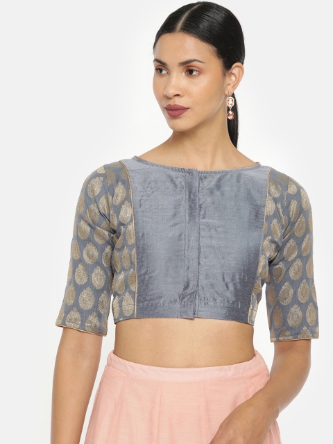 

tantkatha Women Grey & Gold Woven Design Saree Blouse