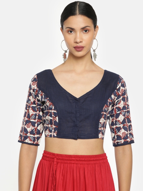 

tantkatha Women Navy Blue & White Printed Saree Blouse