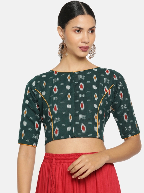 

tantkatha Women Green & White Ikat Printed Saree Blouse