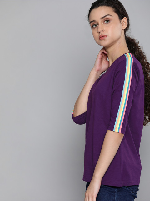 

DILLINGER Women Purple Solid Round Neck Pure Cotton T-shirt