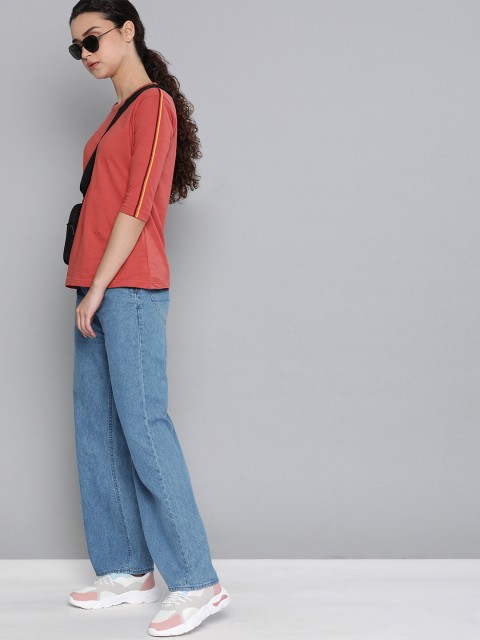 

DILLINGER Women Coral Red Solid Round Neck T-shirt With Applique Detailing