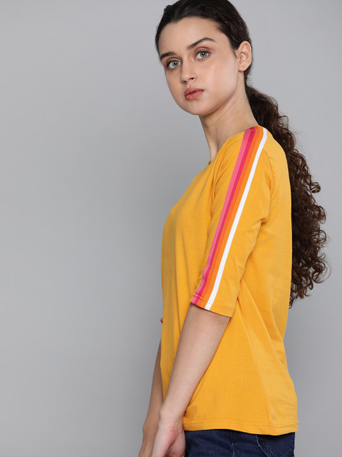 

DILLINGER Women Mustard Yellow Solid Round Neck Pure Cotton T-shirt