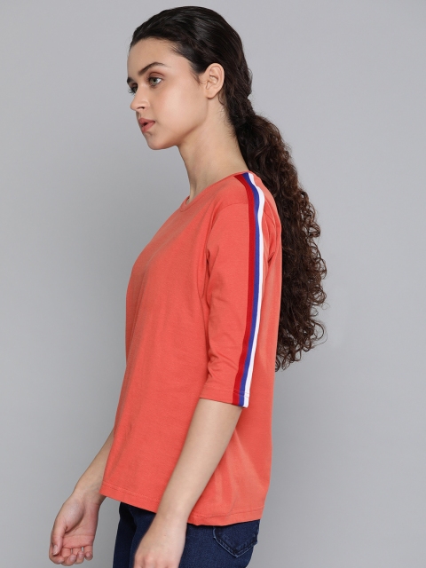 

DILLINGER Women Coral Orange Solid Round Neck Pure Cotton T-shirt